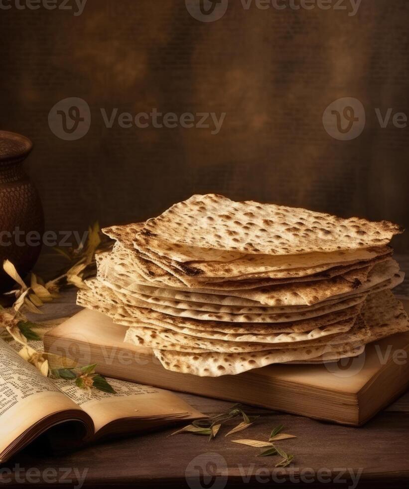 A stack of flatbread next to an open recipe book on a wooden table created with technology photo