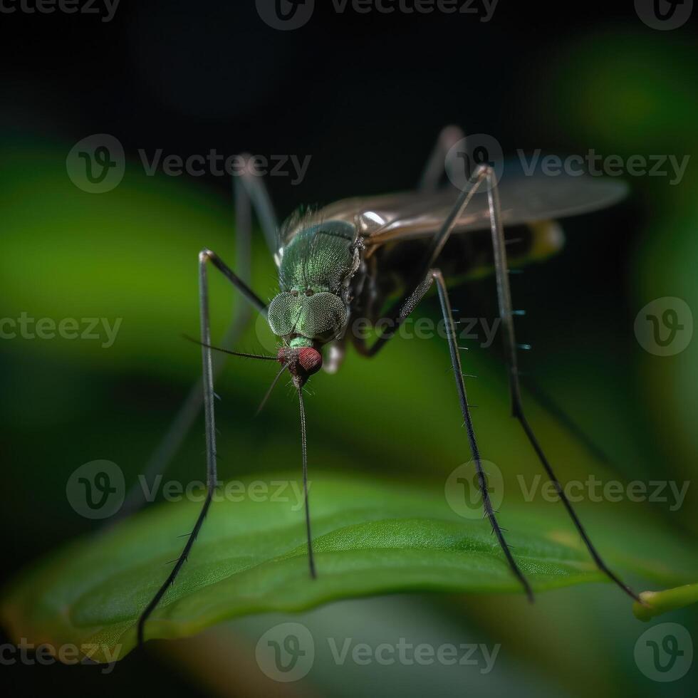 A mosquito perched on a leaf in extreme close-up created with technology photo