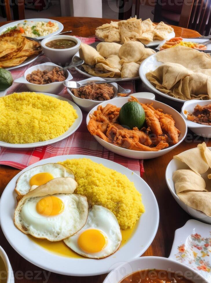 Illustration of a buffet table with a variety of dishes and cuisines created with technology photo