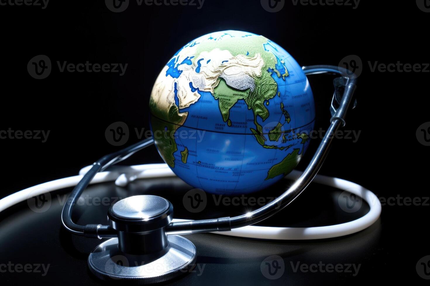 Illustration of a stethoscope with a globe and a stethoscope on it, symbolizing global healthcare created with technology photo