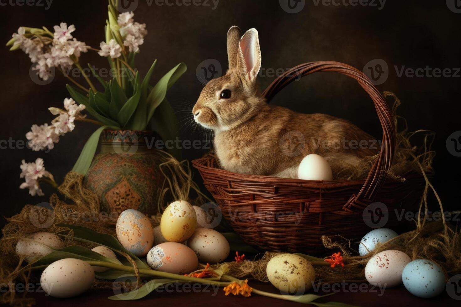 Illustration of a cute rabbit surrounded by Easter eggs and flowers in a basket created with technology photo