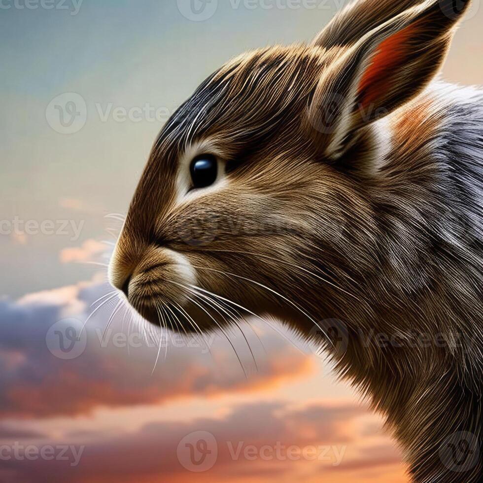 Illustration of a majestic rabbit watching the sunset created with technology photo