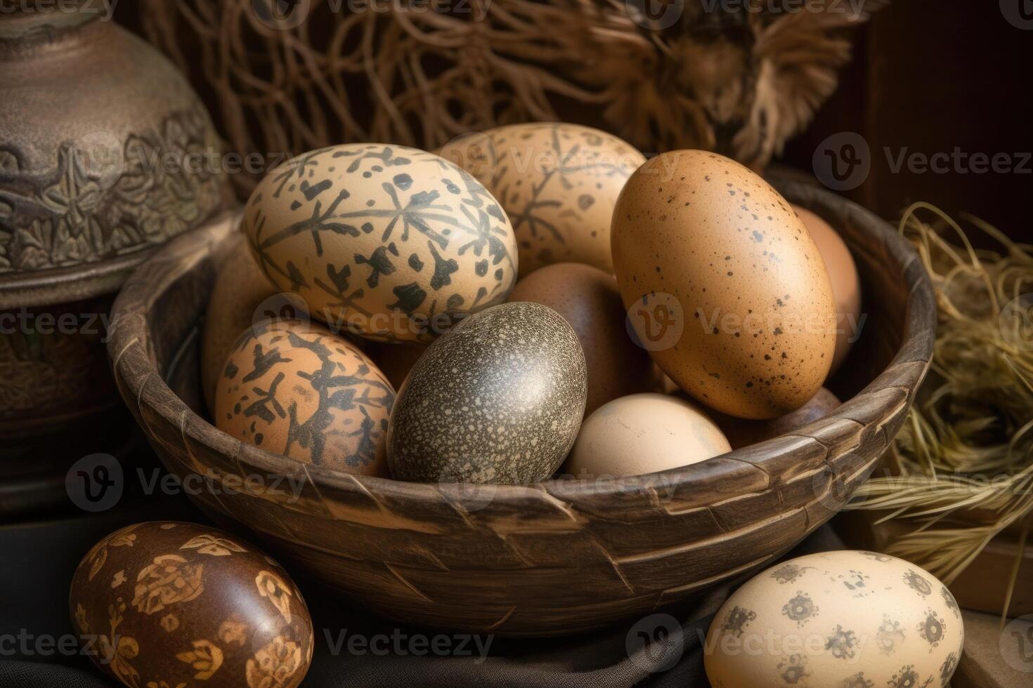Illustration of a colorful Easter egg basket filled with a variety of eggs created with technology photo