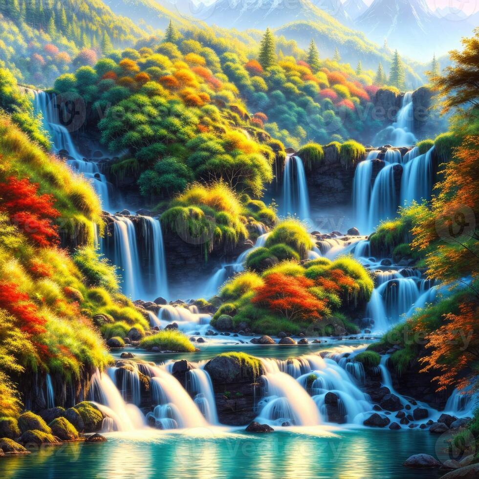 Illustration of a serene waterfall cascading through a lush green forest created with technology photo