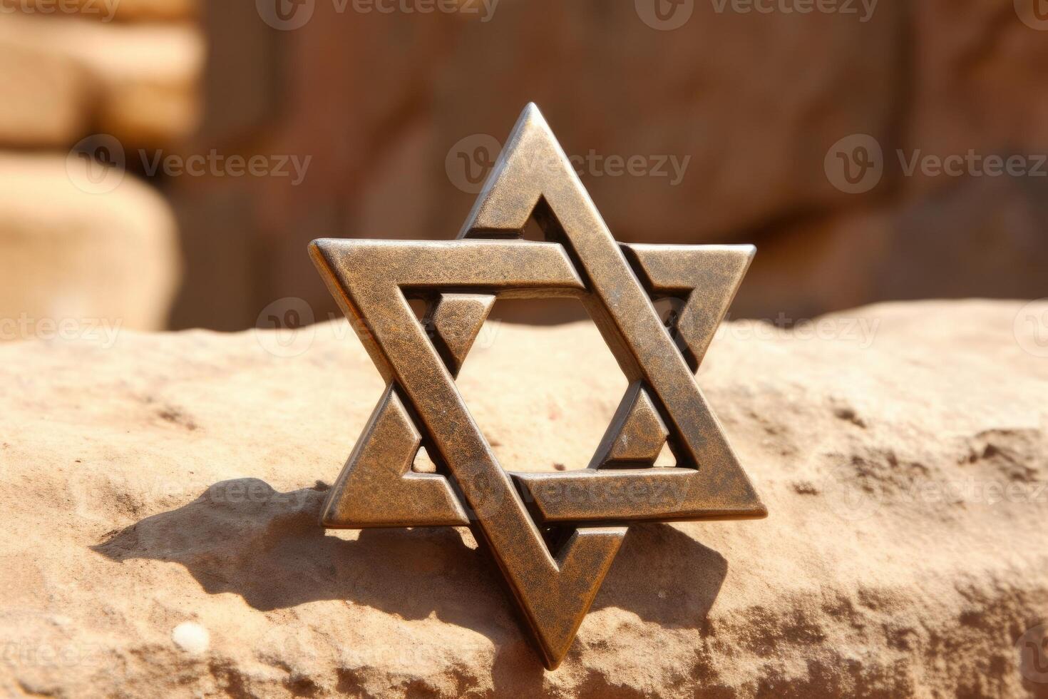 Illustration of a Star of David ring resting on a rocky surface created with technology photo