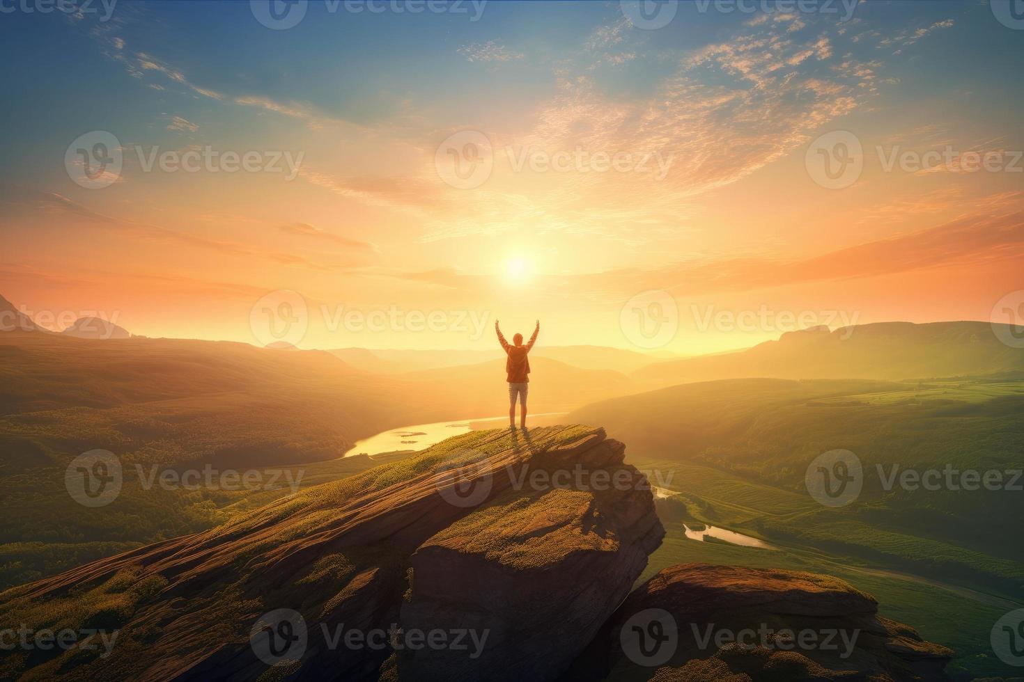 Free on top of a mountain, arms raised photo