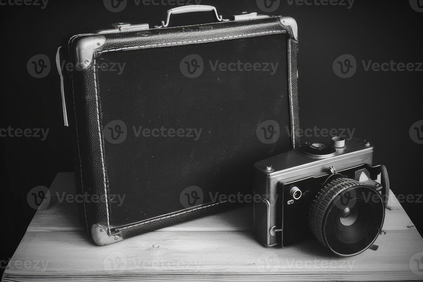 Illustration of a vintage camera and suitcase in black and white created with technology photo