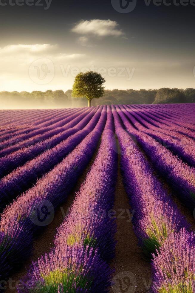 Illustration of a solitary tree surrounded by a sea of lavender flowers created with technology photo