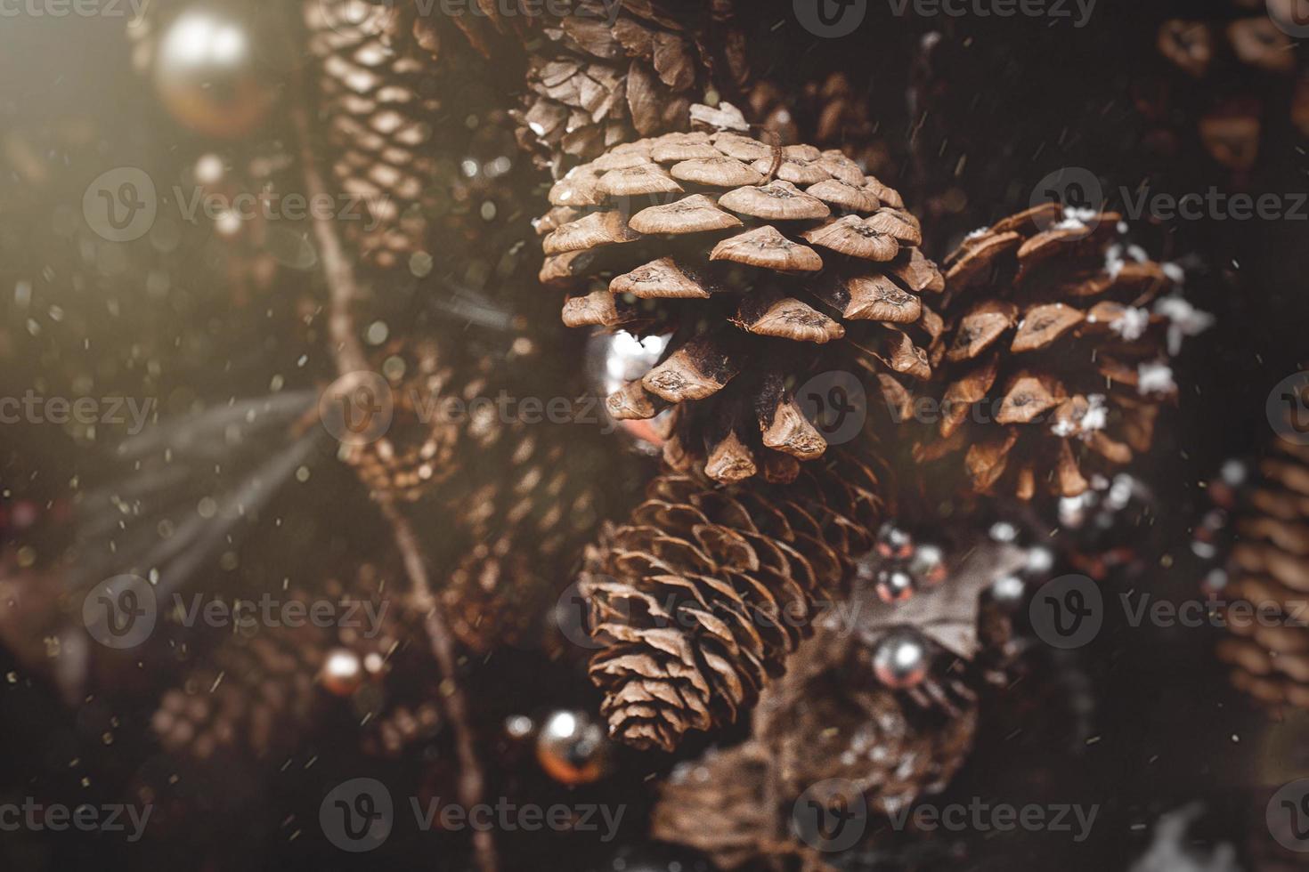 christmas decorations brown cones in a beige background in close-up photo