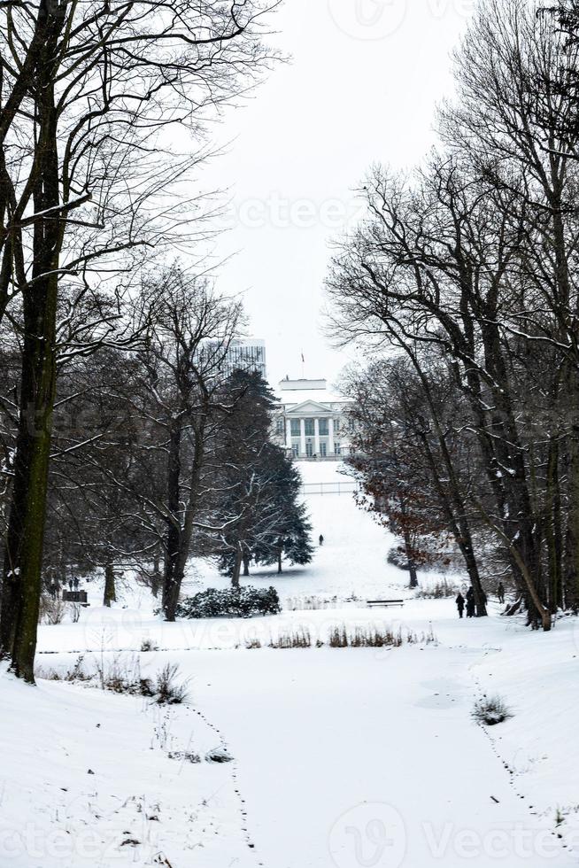 winter view of Belweder Palace in Warsaw in Poland, frosty winter snow day photo