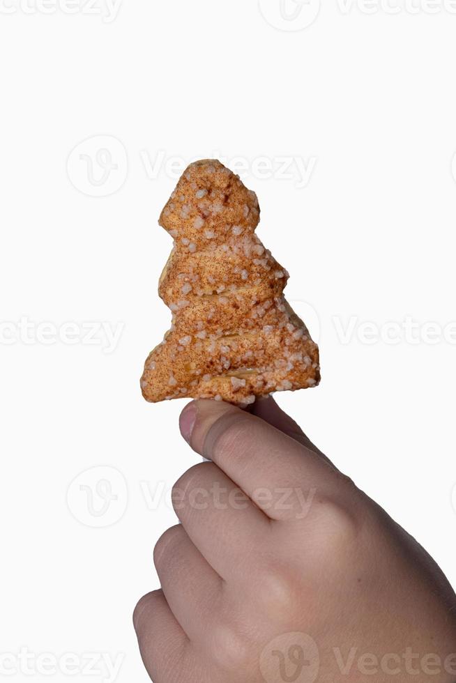 sweet cakes with sugar and cinnamon in the shape of a Christmas tree on a white isolated background kept in hand photo