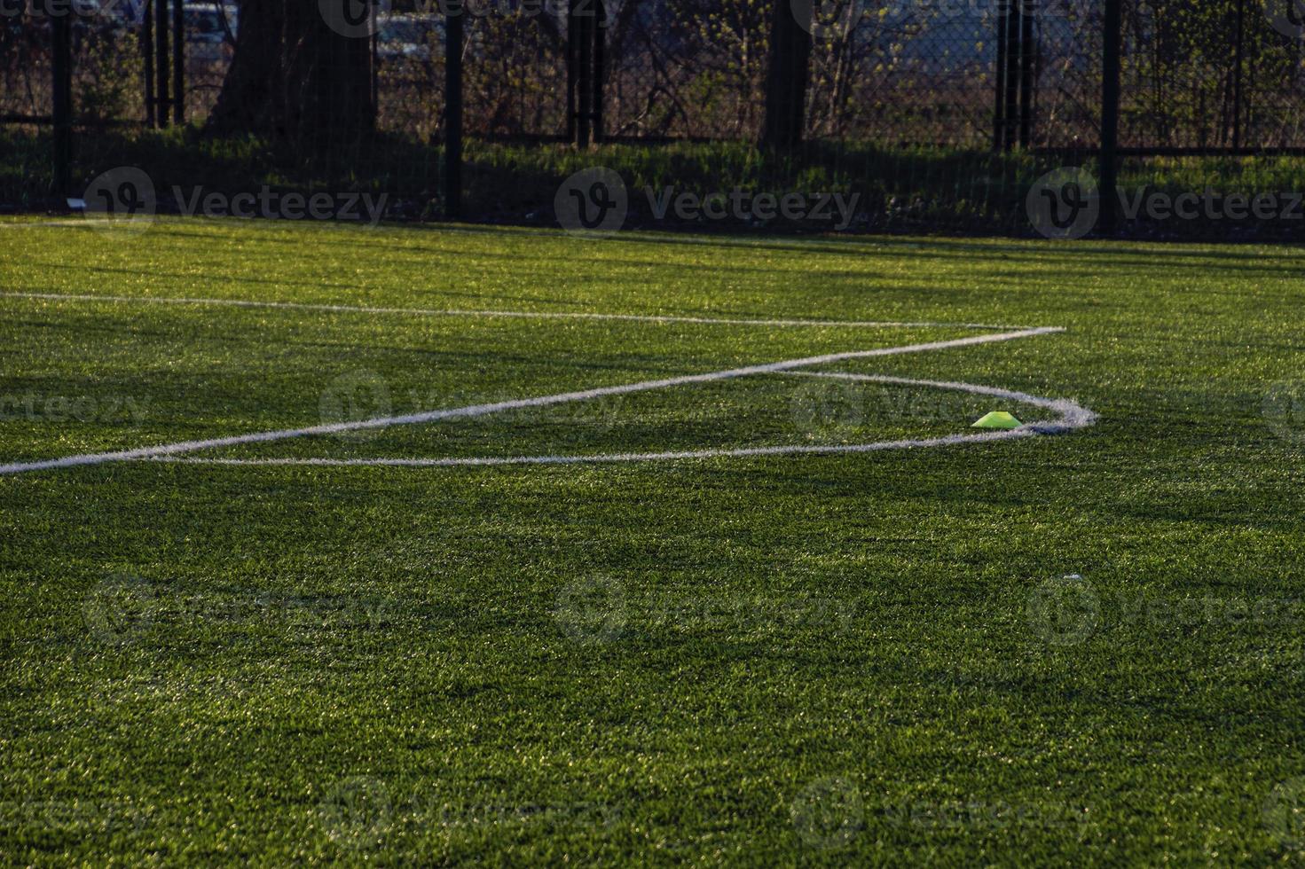 training football pitch with artificial green grass and training aids illuminated by the afternoon  sun photo