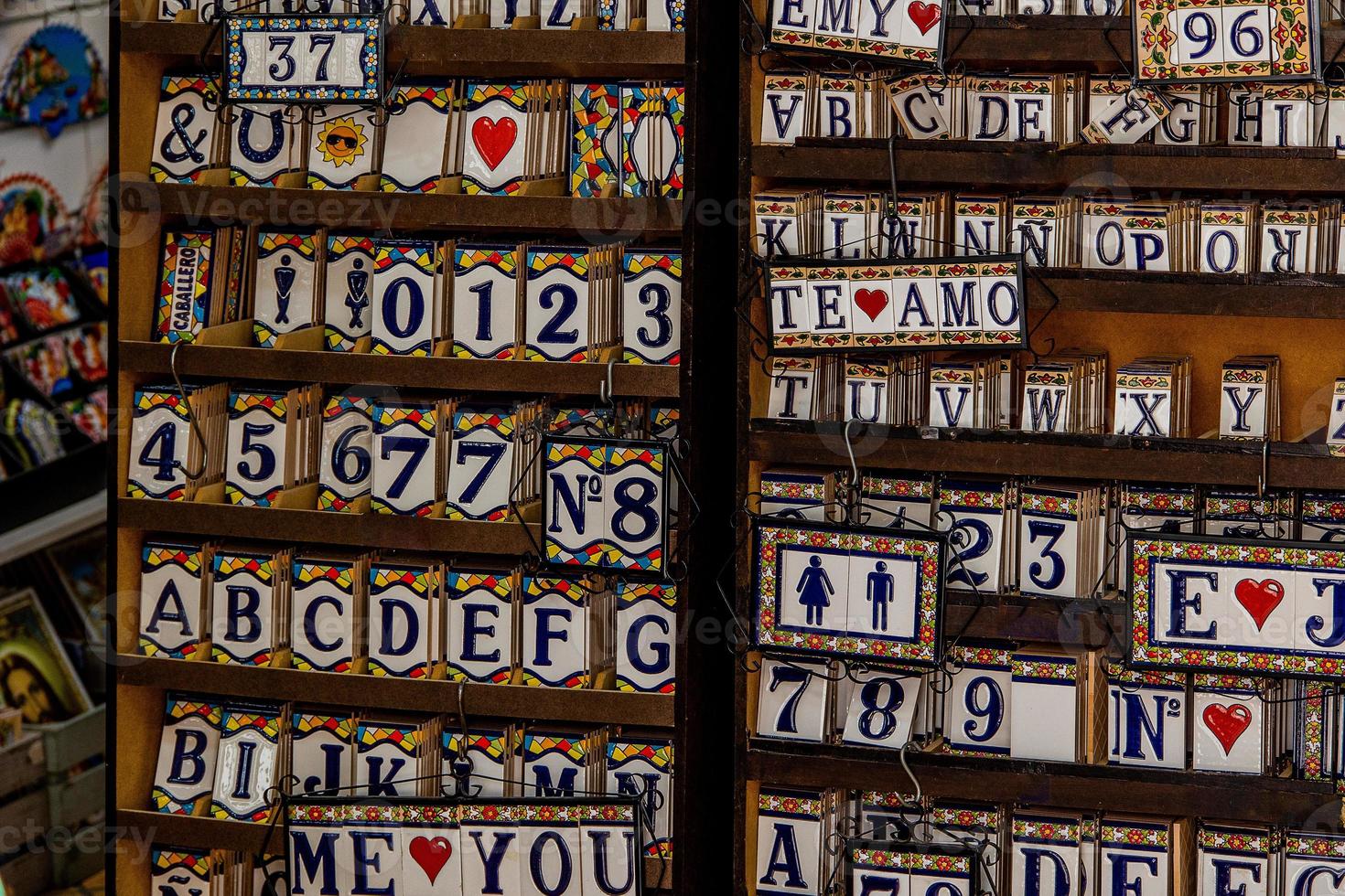 ceramic tiles souvenirs in a shop in the south of spain in a tourist town, colorful art crafts background photo