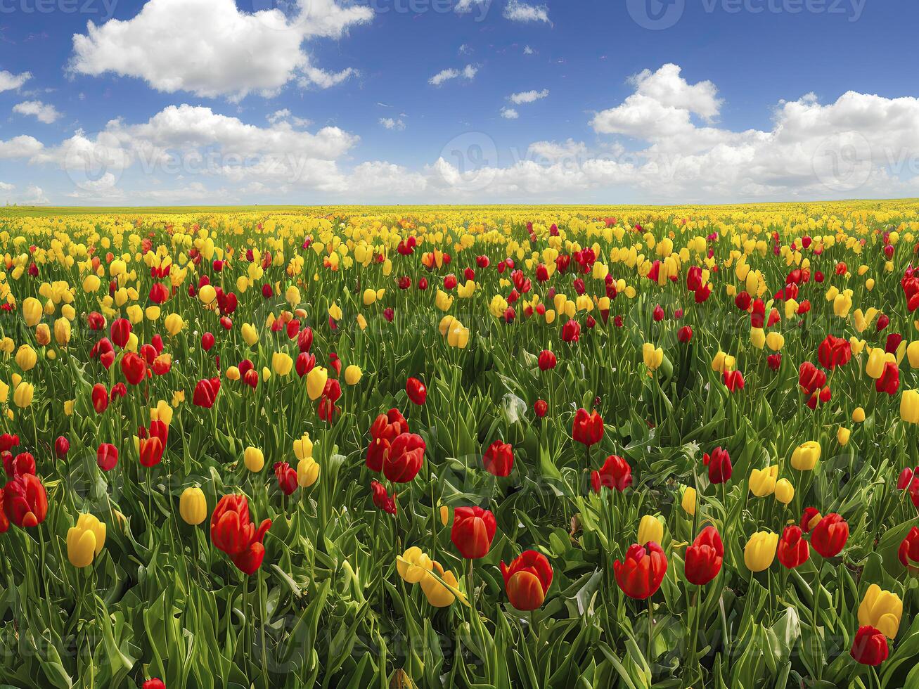 illustration of tulip fields in a spring landscape, photo