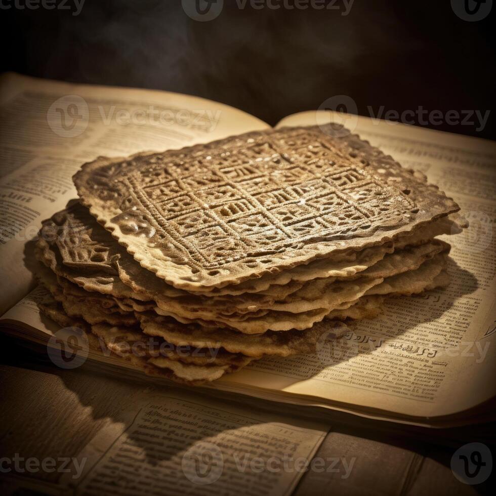 Stack of crackers on top of an open book created with technology photo