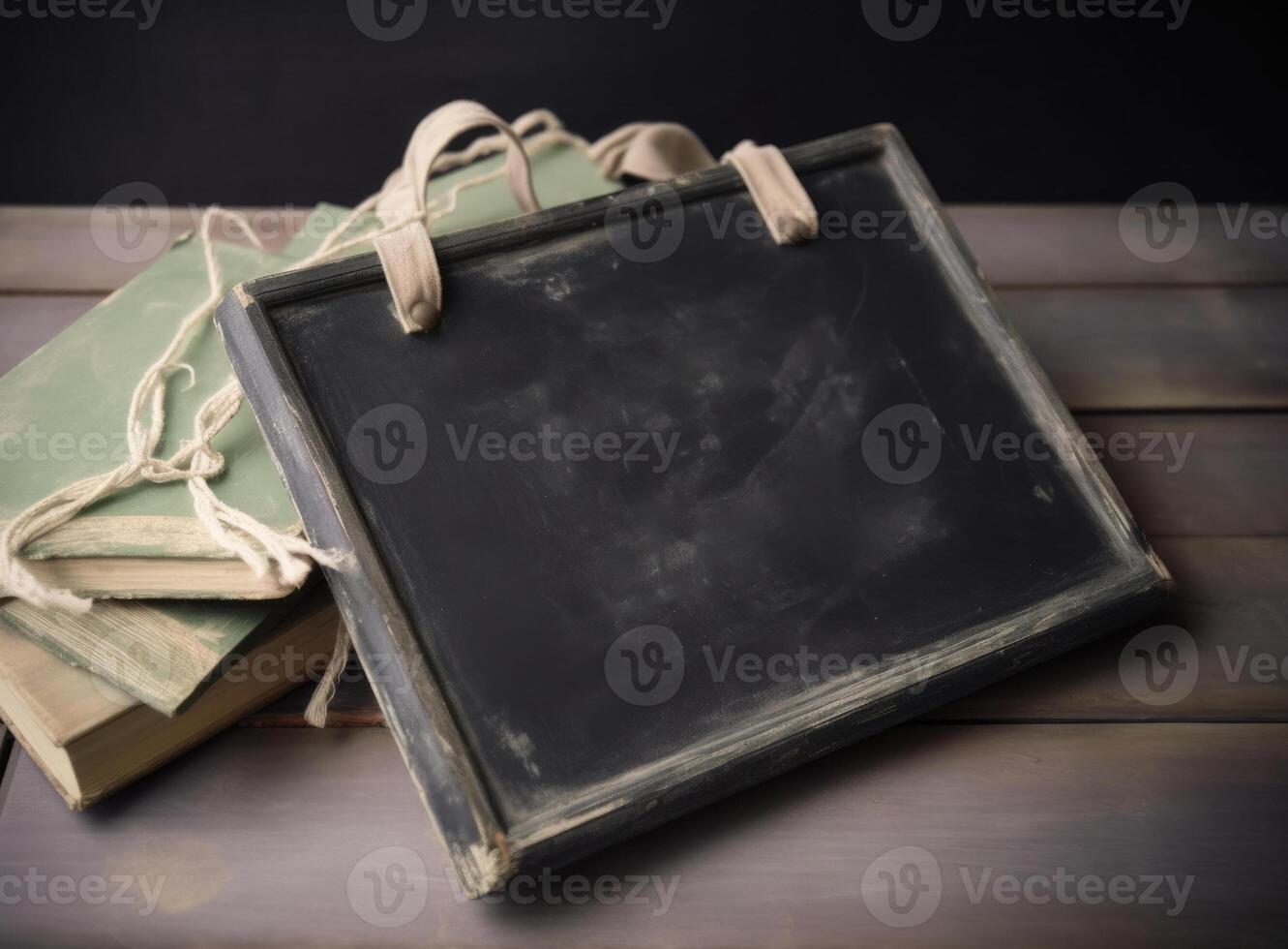 Illustration of a stack of books on a rustic wooden table created with technology photo