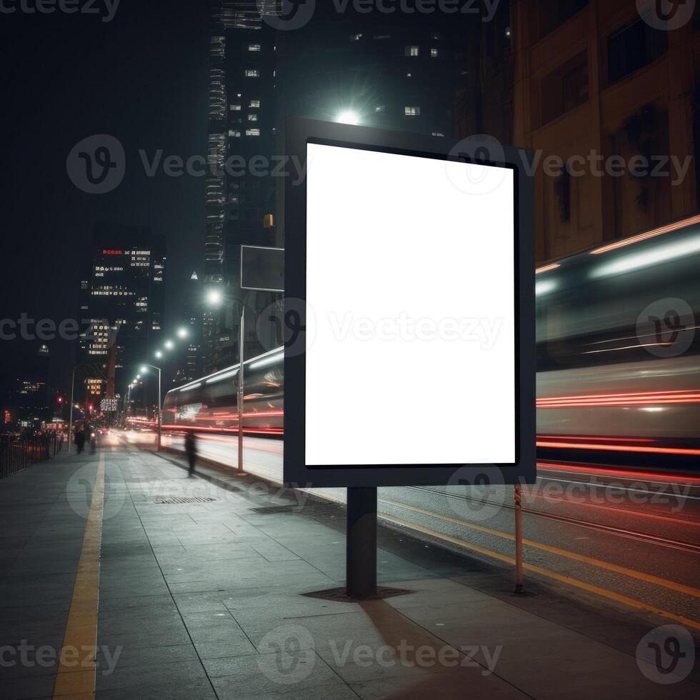 ilustración de un cartelera publicidad un nuevo producto o Servicio en un ocupado ciudad calle a noche creado con generativo ai tecnología foto