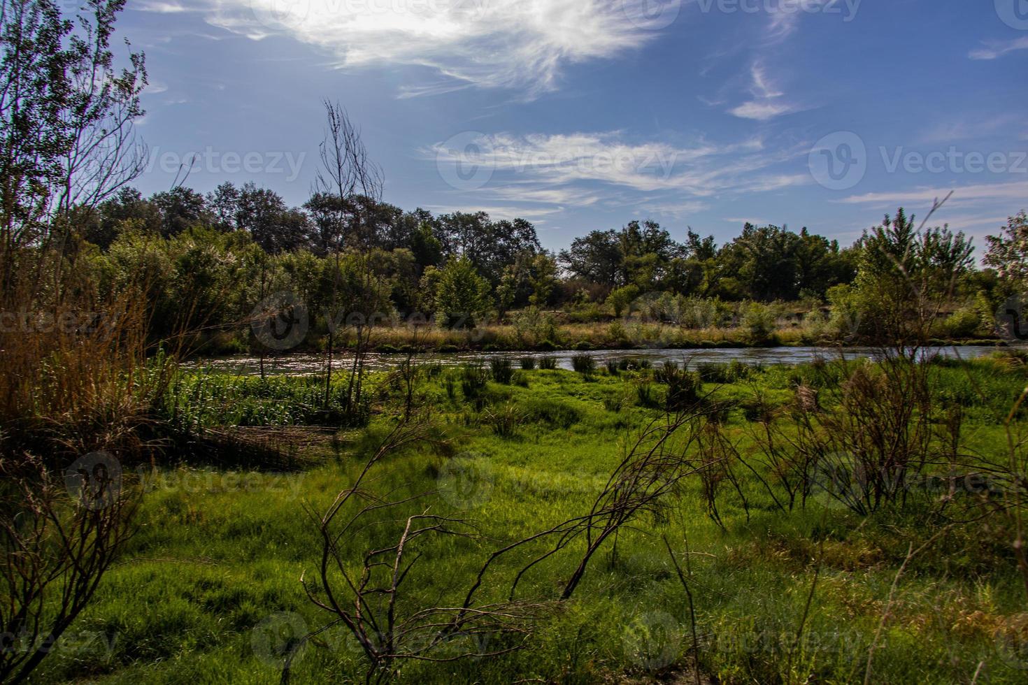 spanish landscape by the Gallego river in Aragon on a warm summer sun day with green trees and blue skies photo