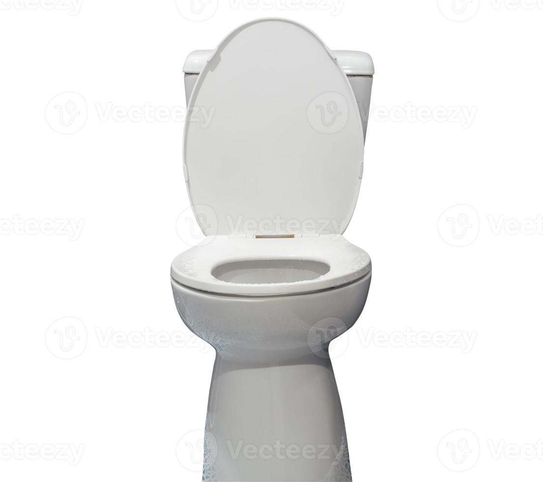 Open moden white toilet bowl after guest's use in resort or hotel restroom isolated on white background with clipping path photo