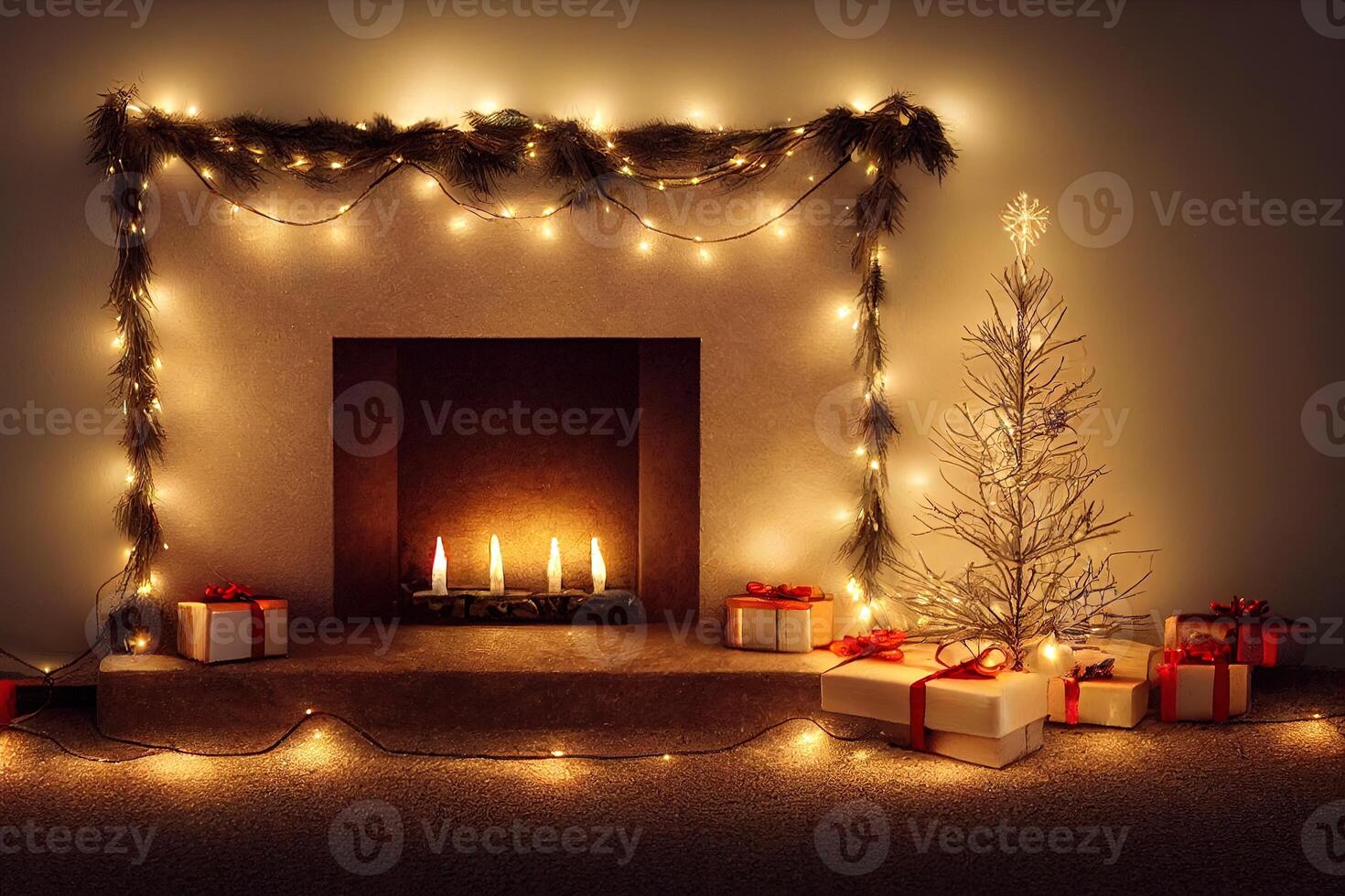 illustration fireplace with fairy lights and gifts for christmas photo