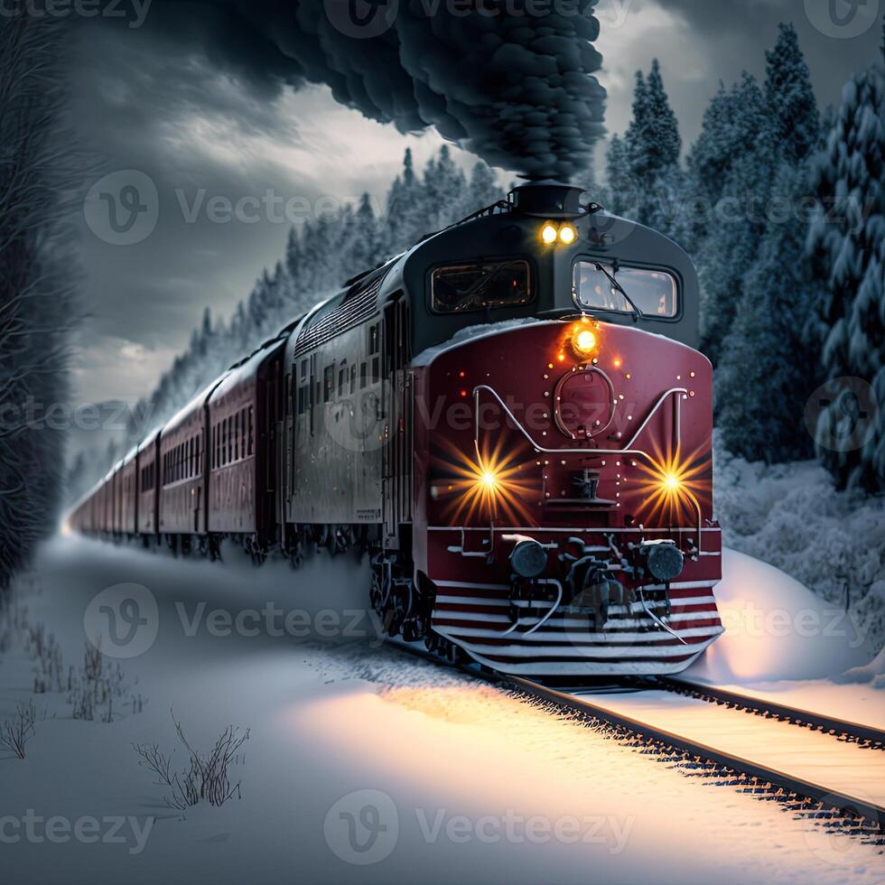 illustration steam train drives through snow made with photo