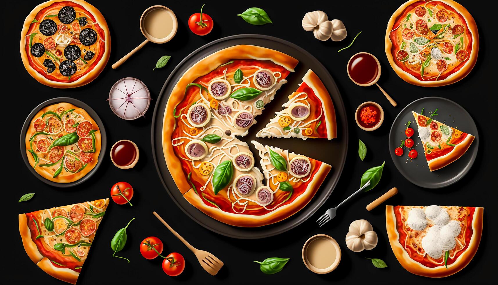 top view Italian food dishes and pizza on dark background, photo