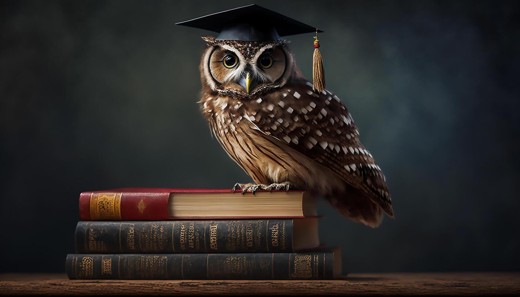 Wise owl wearing graduation cap against a stack of books on a table in a library among the shelves, photo
