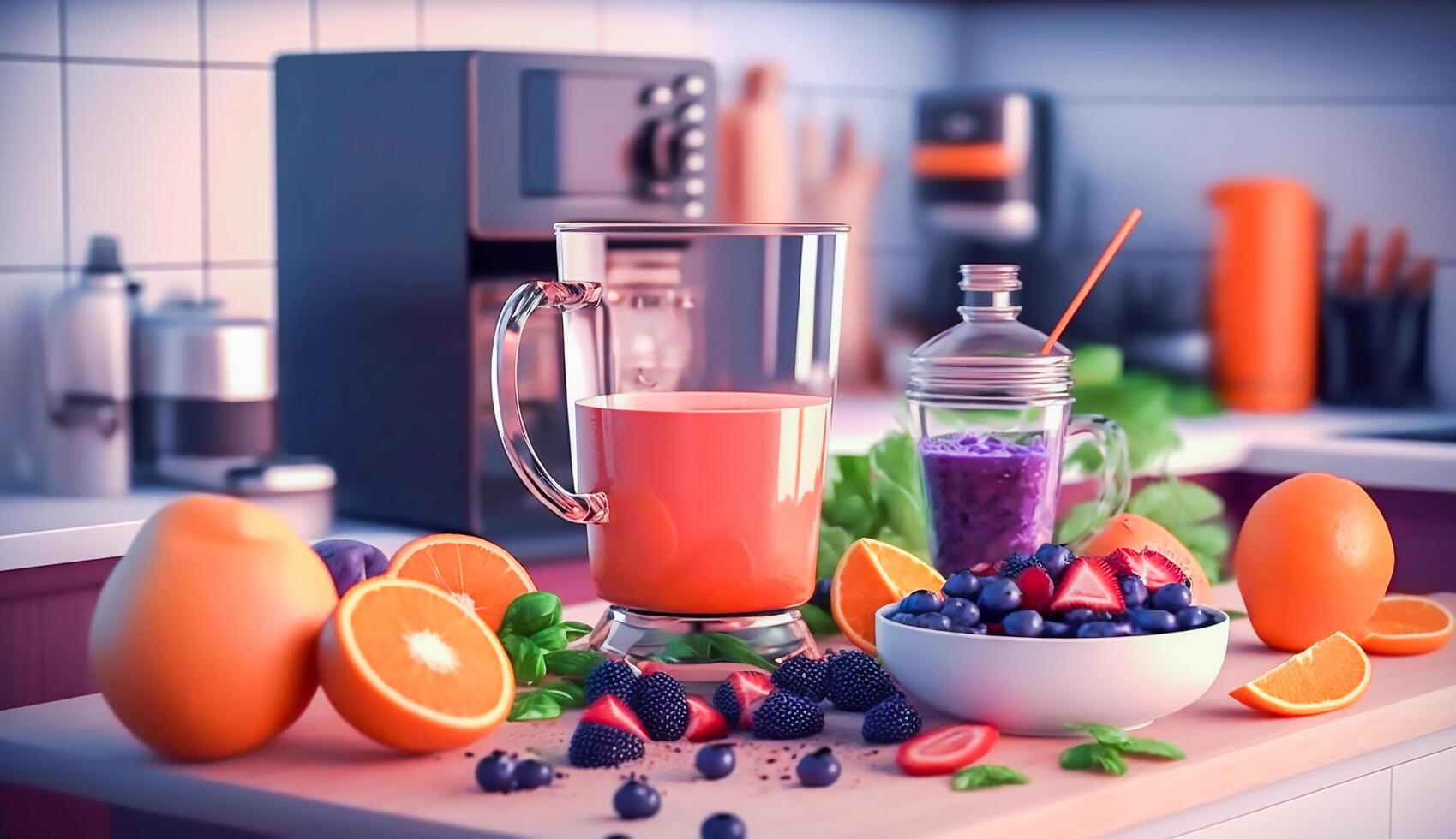 mezclador de Fruta naranja jugo y baya con ensaladas plato desayuno en el mesa en el moderno cocina, generativo ai foto