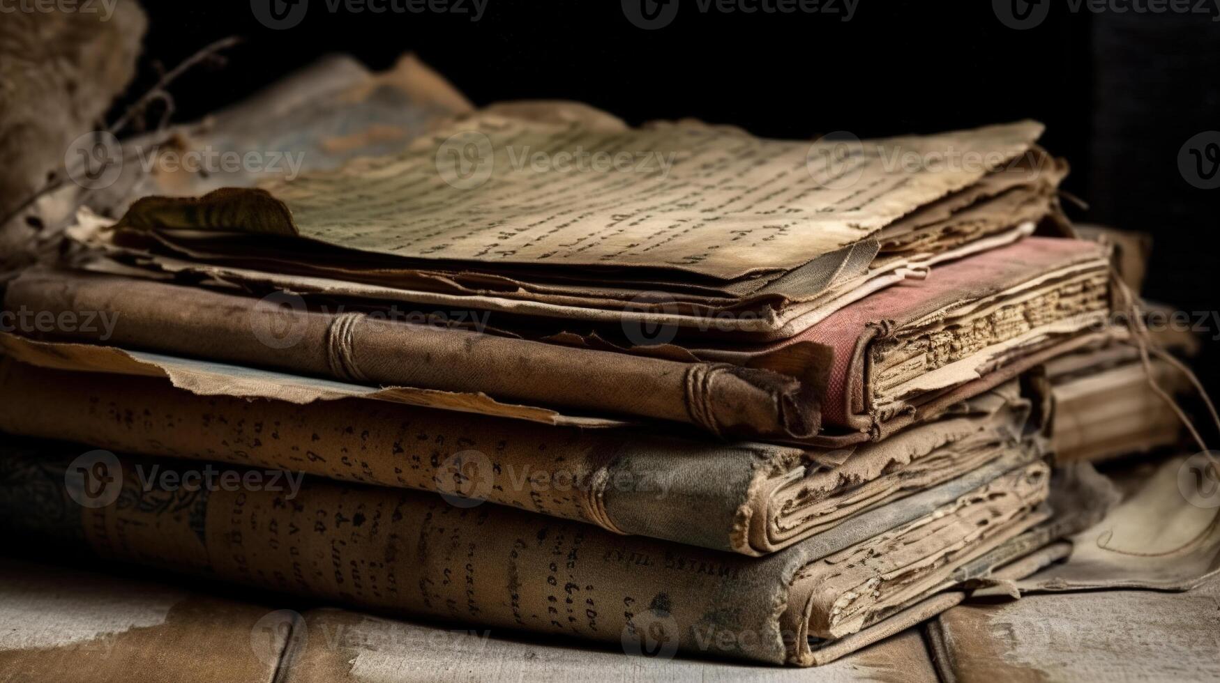 Old, damaged books or history scrolls written in the Middle Ages or earlier. photo
