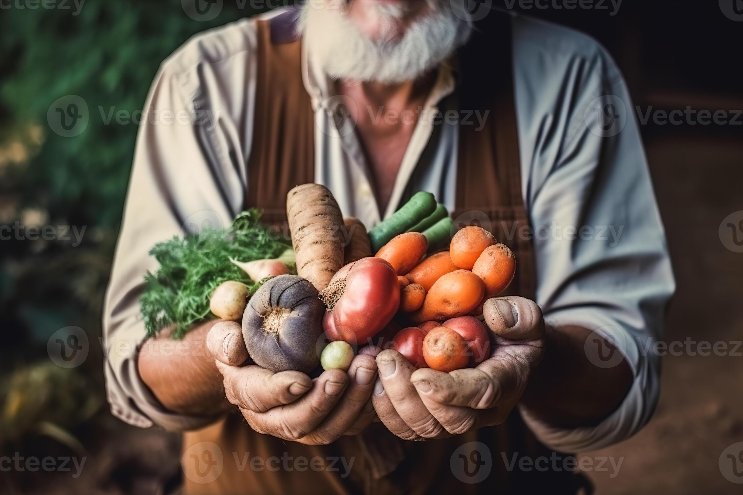 A man, a gardener holding and showing his organic vegetable and fruit crops. The concept of