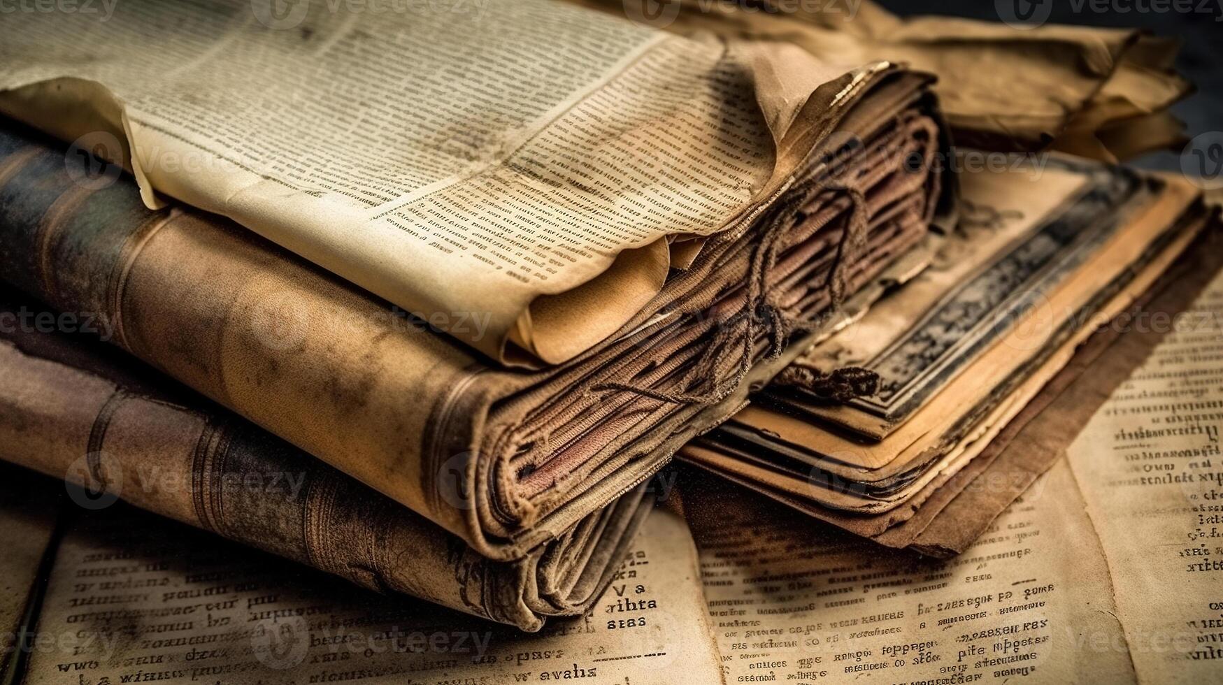 Old, damaged books or history scrolls written in the Middle Ages or