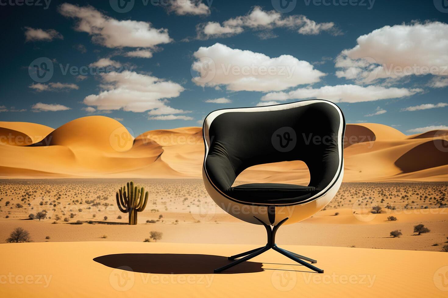 A modern chair standing alone in the hot desert. The concept of modern furniture for all conditions. photo