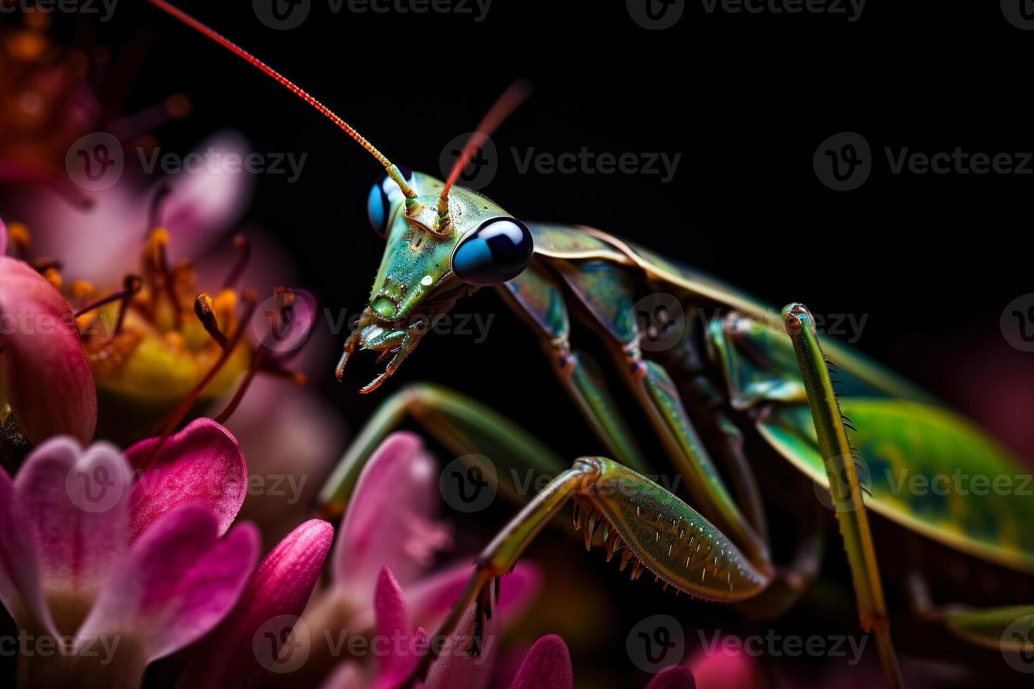 Very close and detailed macro portrait of a praying mantis against a dark background. photo