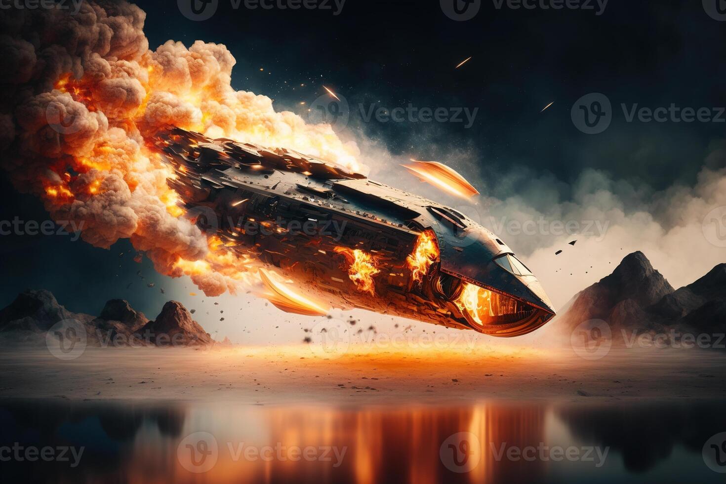 Spectacular spaceship crash, flaming rocket falls into the water. photo