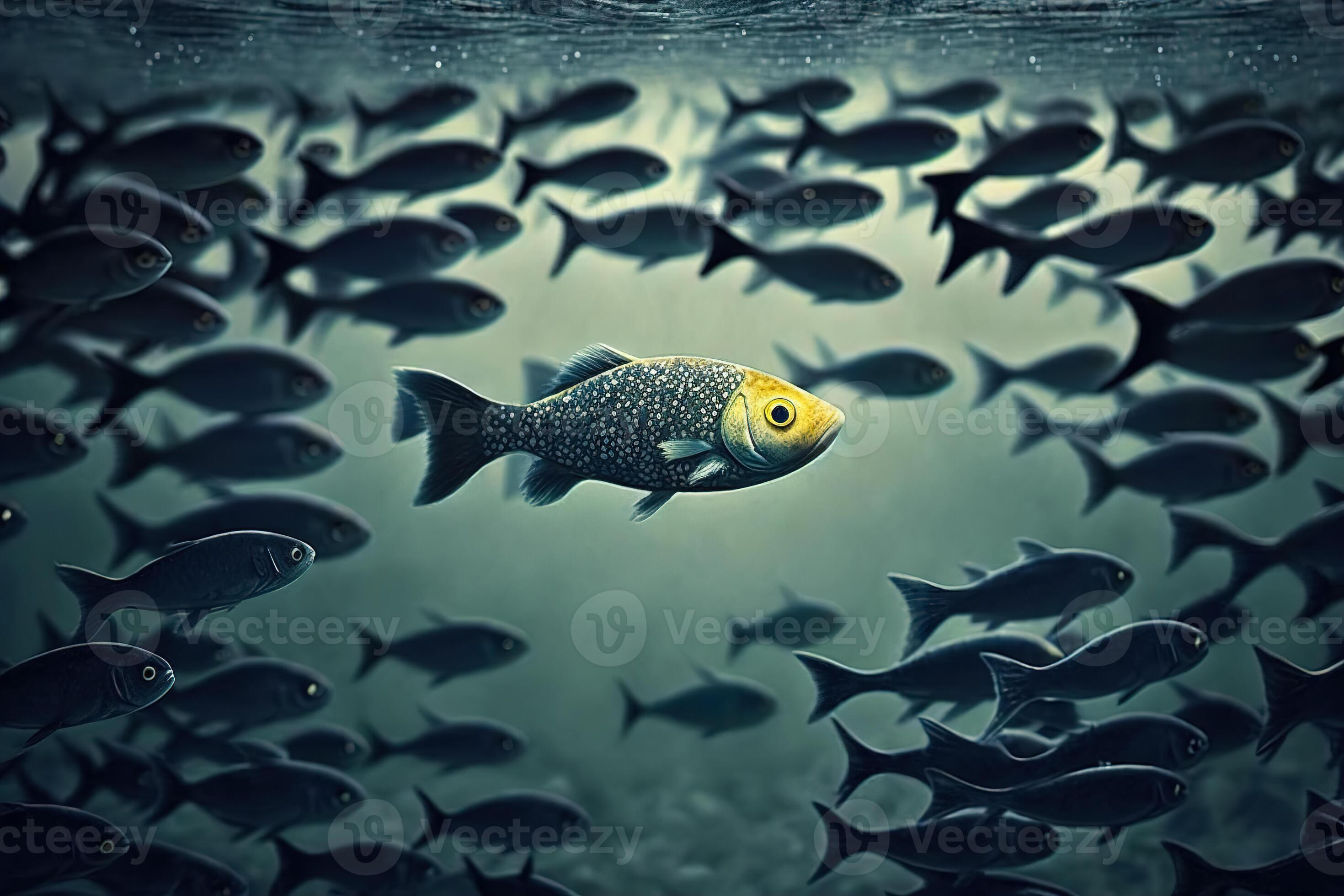 Underwater illustration of a group of fish swimming in the same