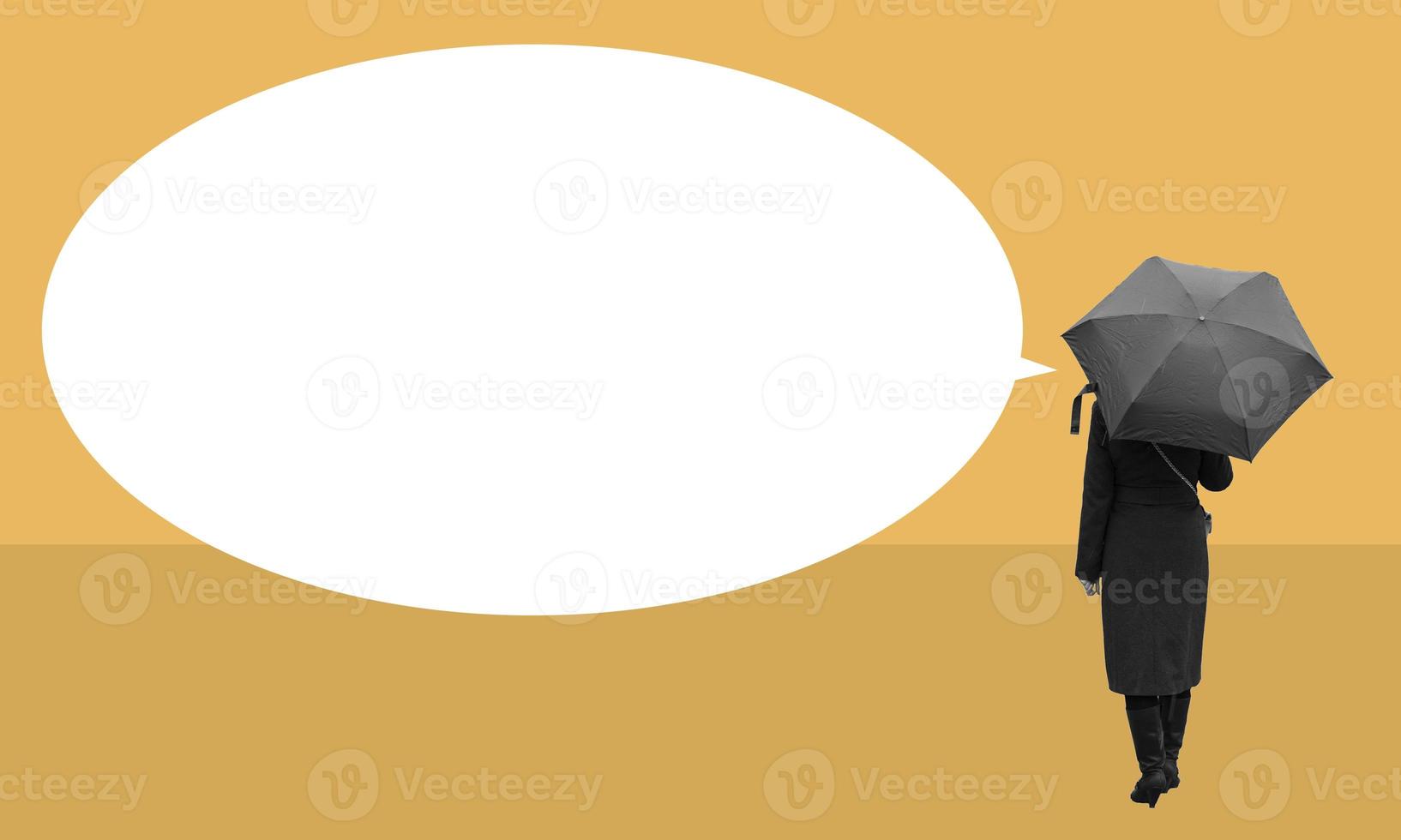 Art collage, a girl with an umbrella and a background for an advertisement with text on a yellow background. photo