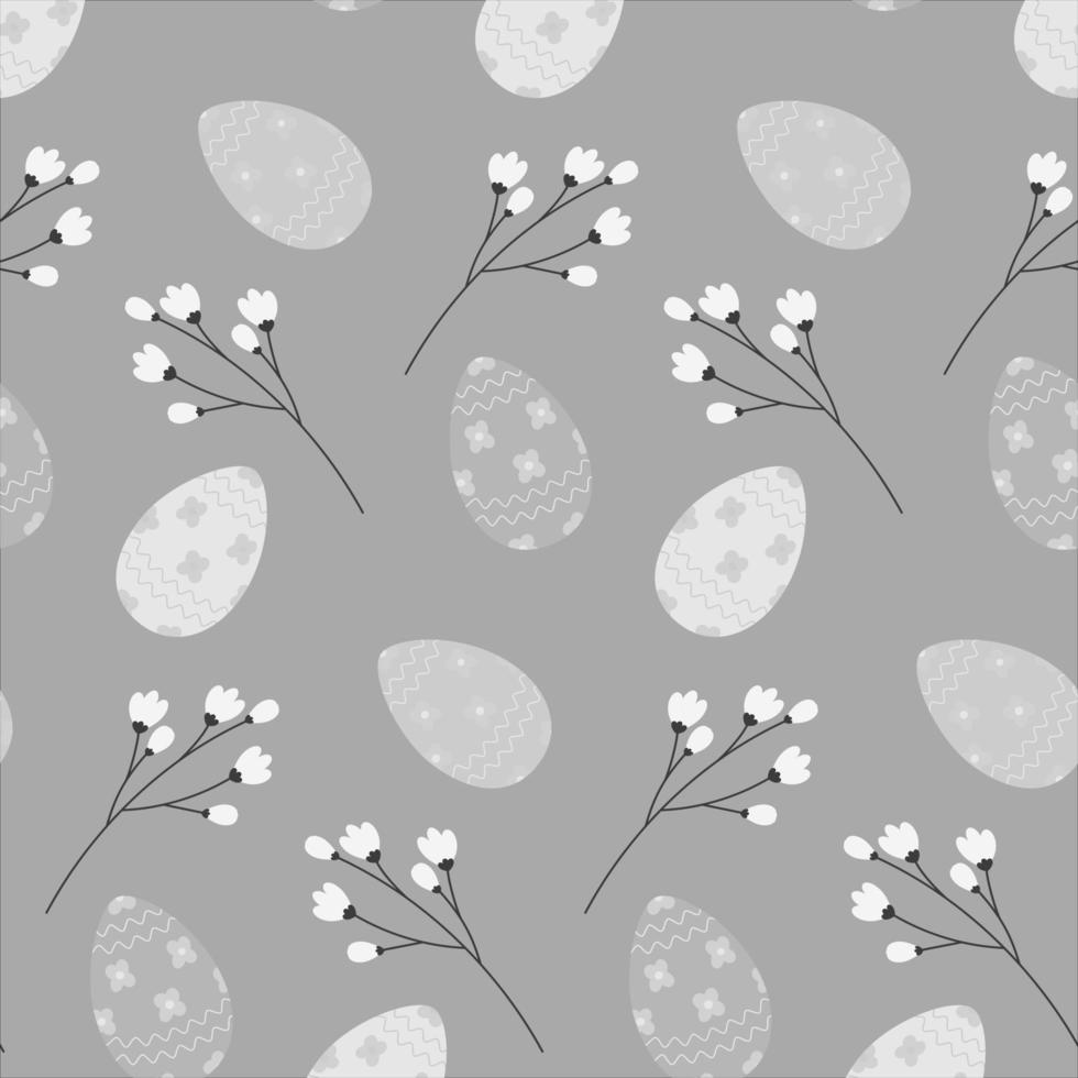 Easter endless pattern with grayscale Easter eggs and sprigs. Happy Easter. Springtime. Hello summer vector