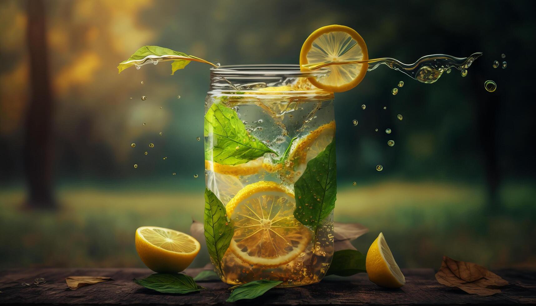 lemonade in glass with splash on wooden table and green blurred background. Summer refreshing drink. photo