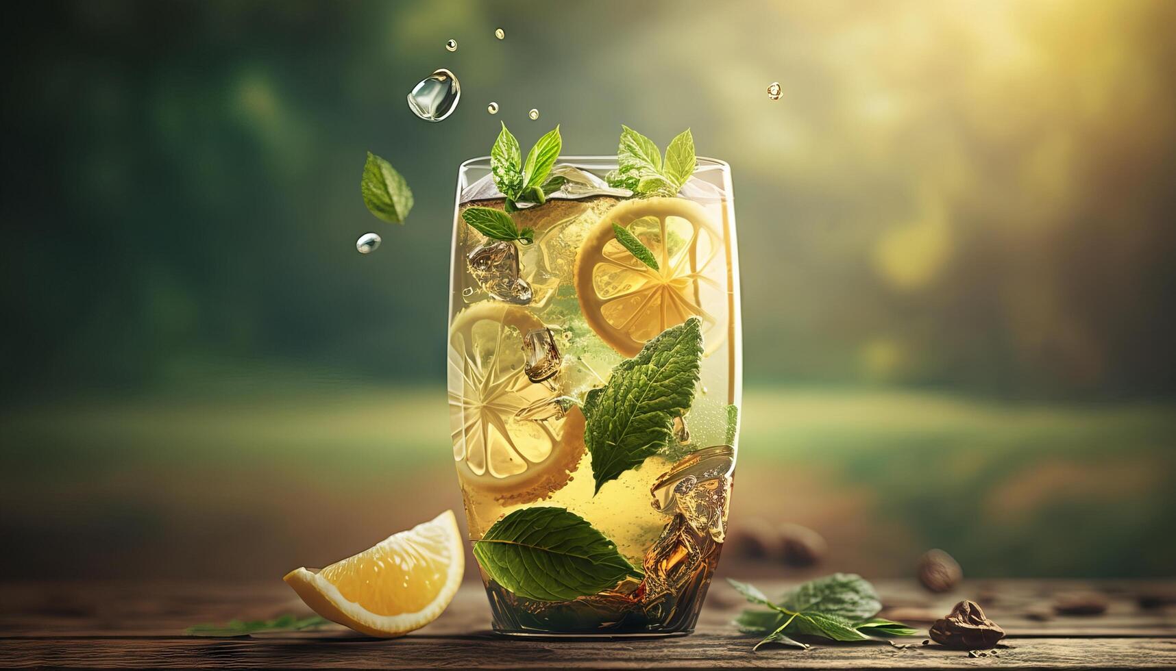 lemonade in glass with splash on wooden table and green blurred background. Summer refreshing drink. photo