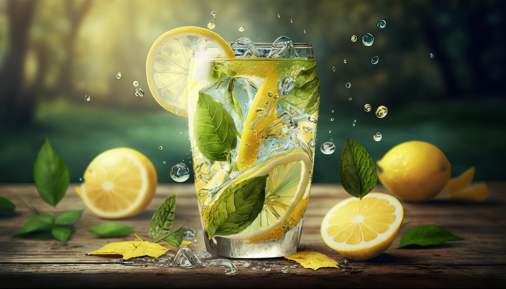 lemonade in glass with splash on wooden table and green blurred background. Summer refreshing drink. photo