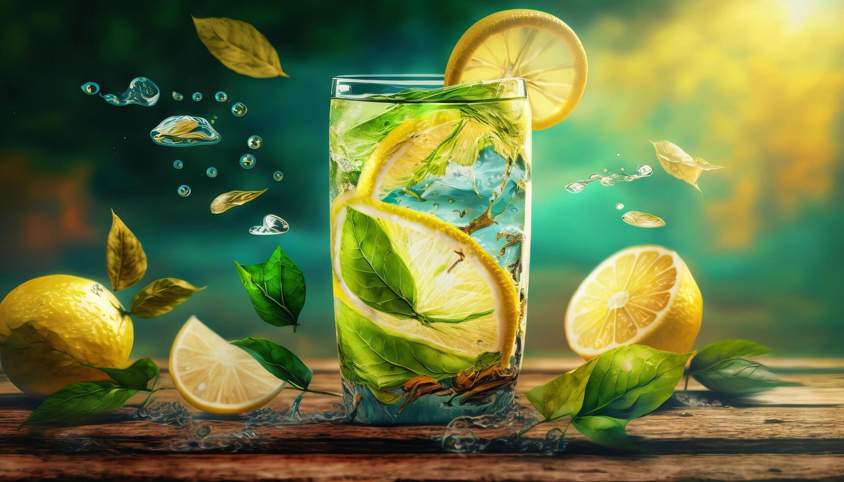 lemonade in glass with splash on wooden table and green blurred background. Summer refreshing drink. photo