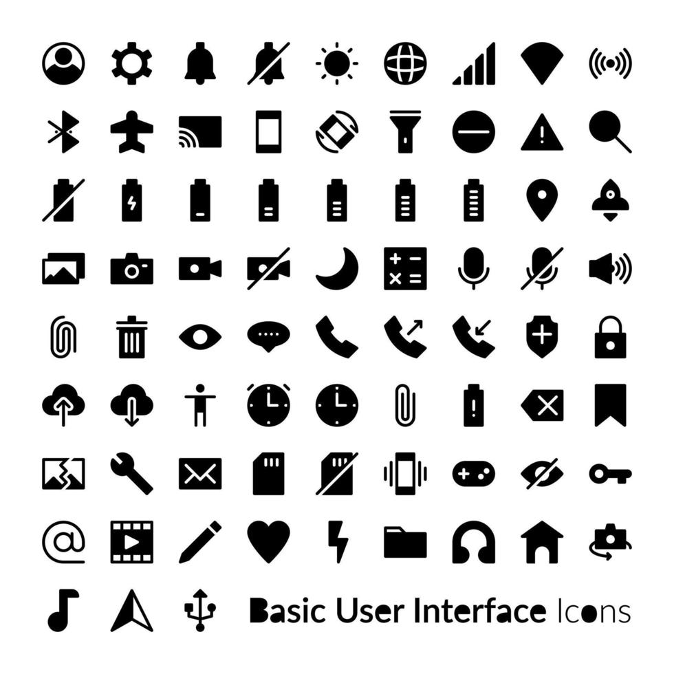 Solid User Interface Icons. Glyph Basic UI Icon Set vector