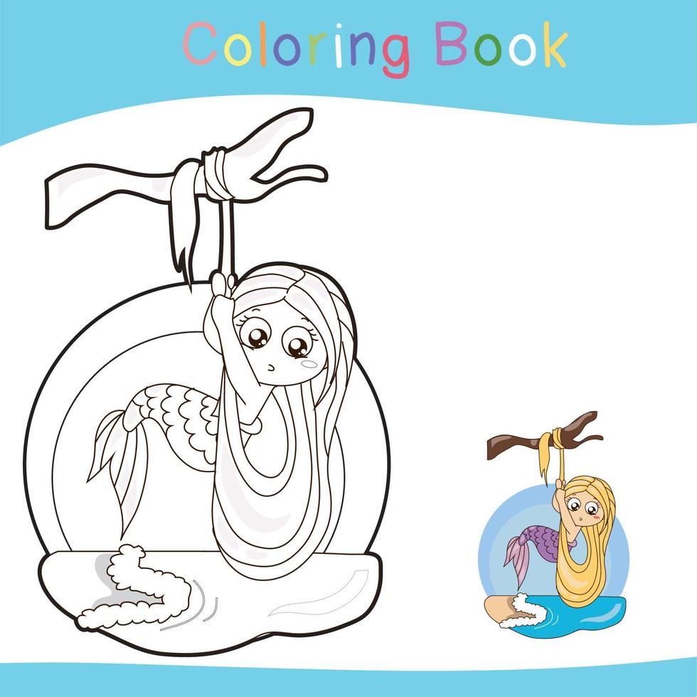 Cute mermaid princess. Coloring activity worksheet. The Little Mermaid. A magical creature. Vector outline for coloring page.