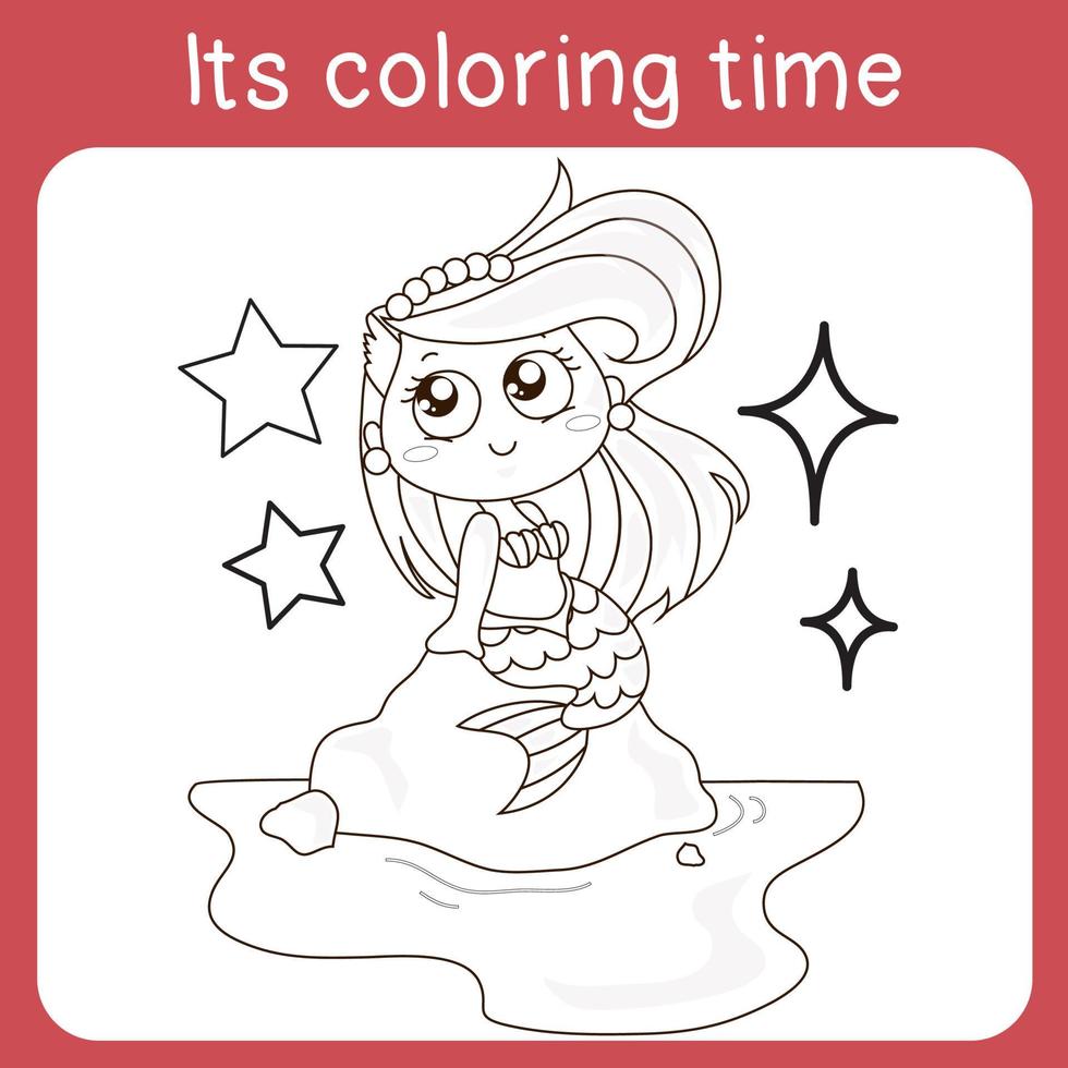 Cute mermaid princess. Coloring activity worksheet. The Little Mermaid. A magical creature. Vector outline for coloring page.