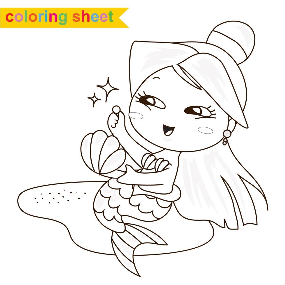 Cute mermaid princess. Coloring activity worksheet. The Little Mermaid. A magical creature. Vector outline for coloring page.