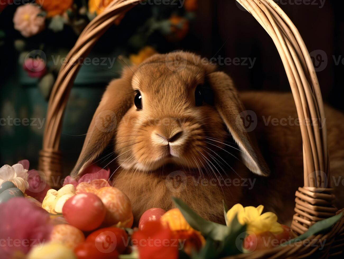 Easter Bunny In Basket With Flowers Decorated, photo