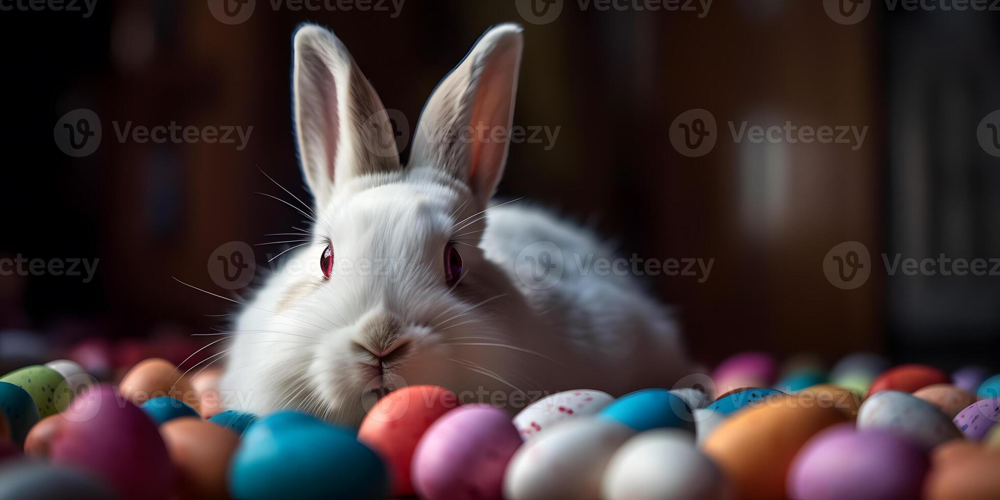 Easter Bunny with many colorful easter eggs. wallpaper. photo