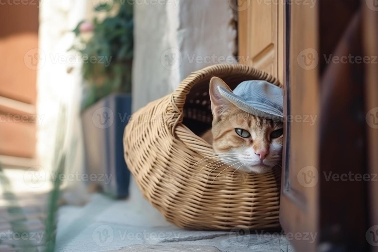 Cute cat wearing a cap, lies in a basket, background house door. photo