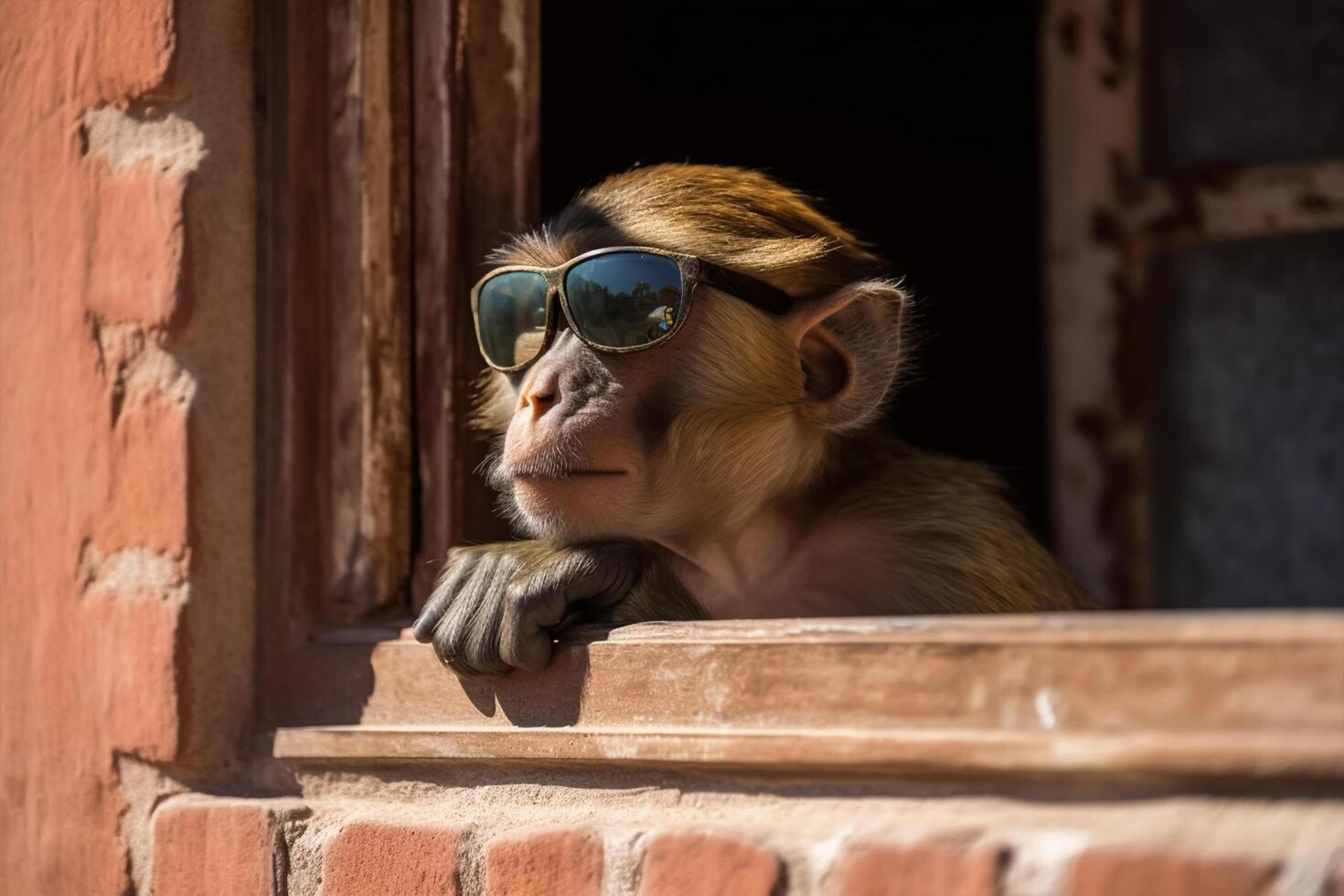 Monkey on house window, wearing a sun glasses. photo