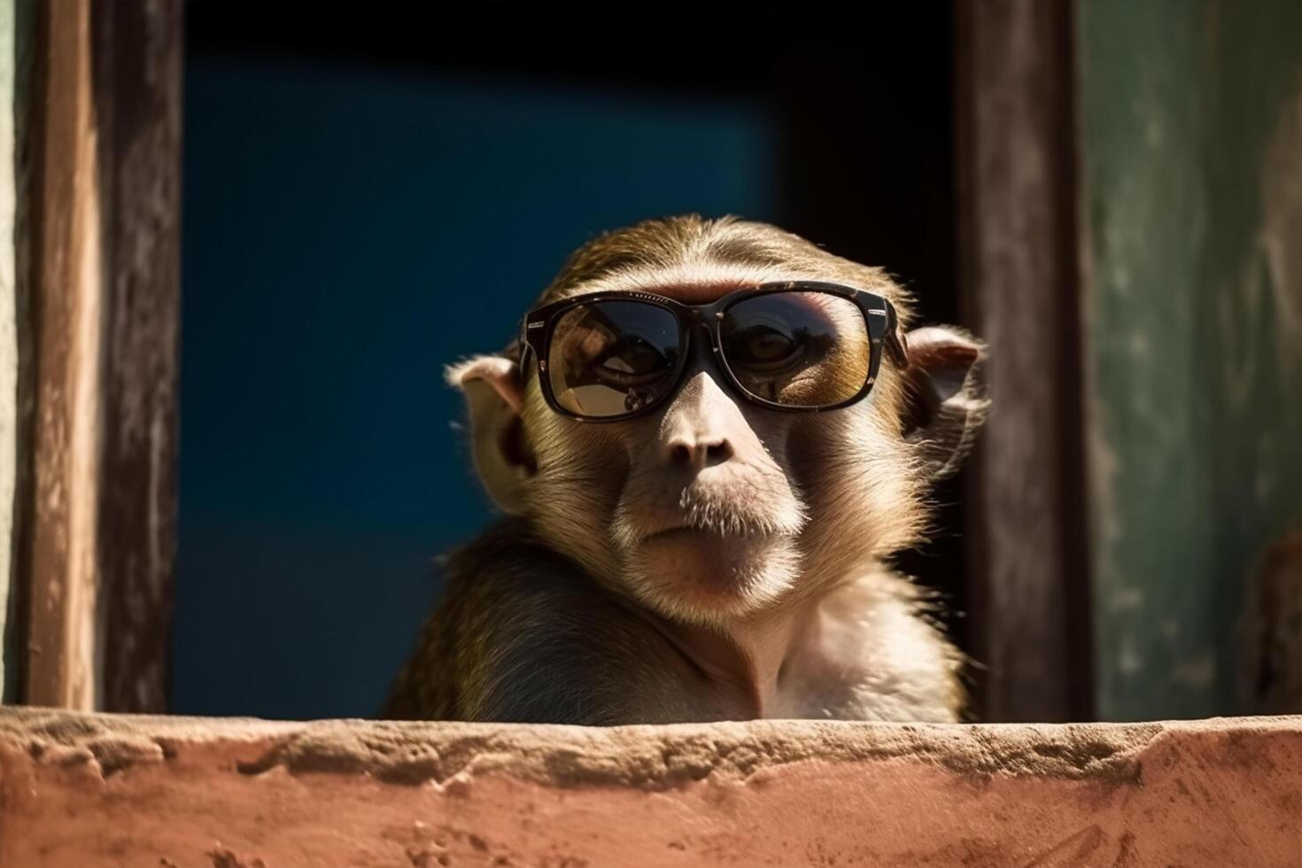 Monkey on house window, wearing a sun glasses. photo